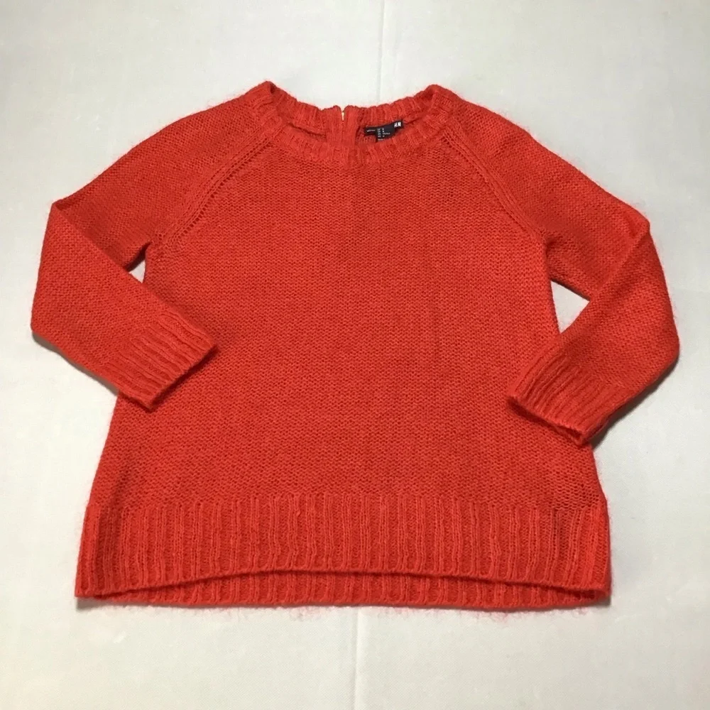 H&M Mohair Blend Vibrant Red Crew Neck Sweater 3/4 Sleeve